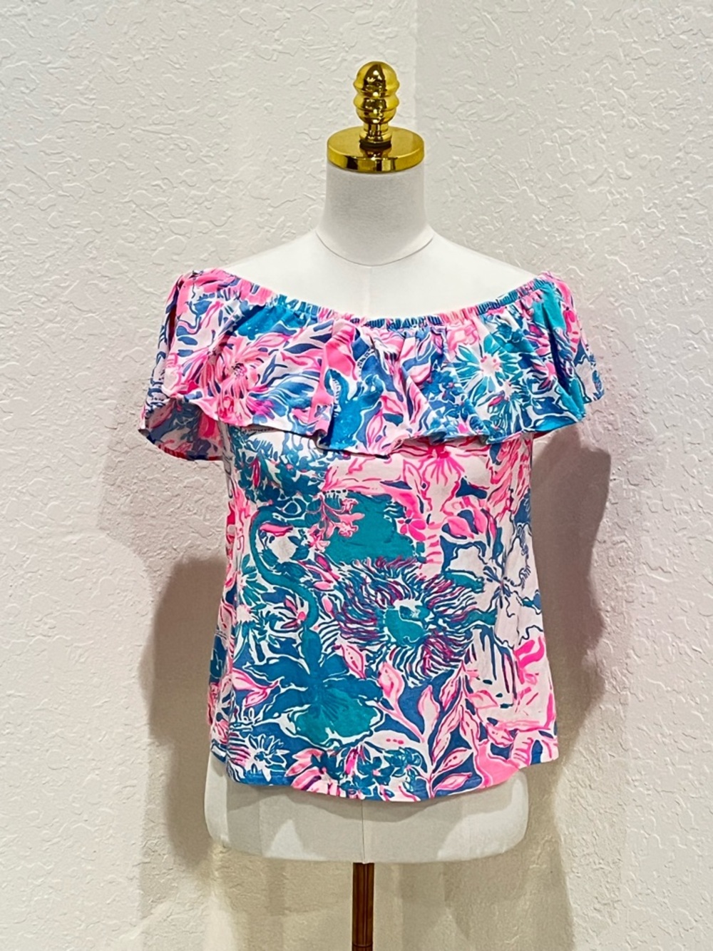 Lilly Pulitzer Off-Shoulder Floral Ruffle Top in Pink & Teal